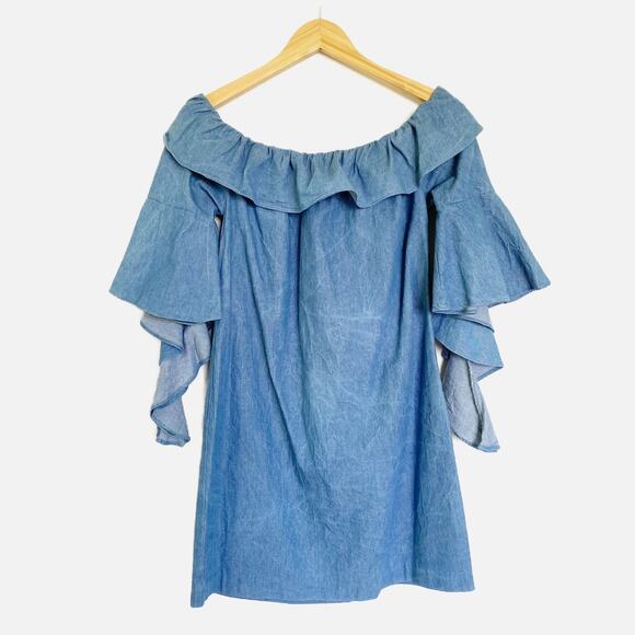 English Factory Denim Off the Shoulder Ruffle Mini Dress Small - Picture 1 of 5